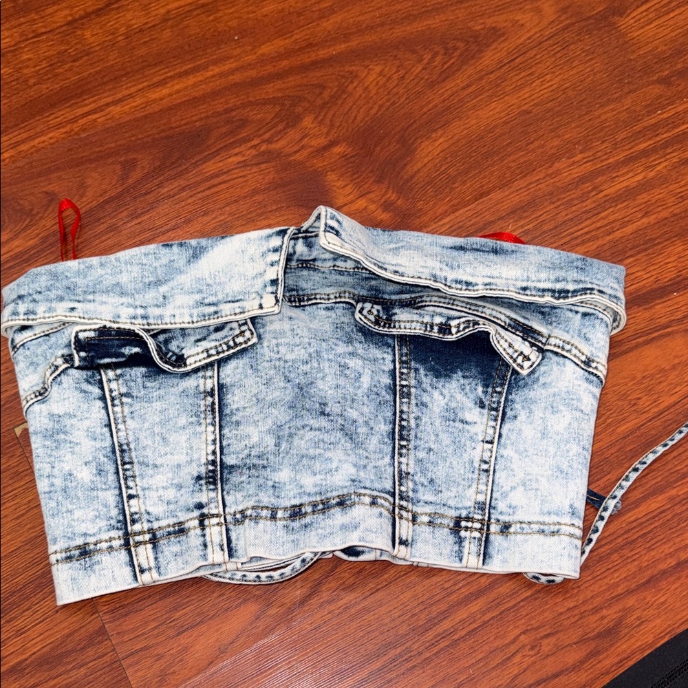 Acid Wash Denim Corset Top - Light Blue